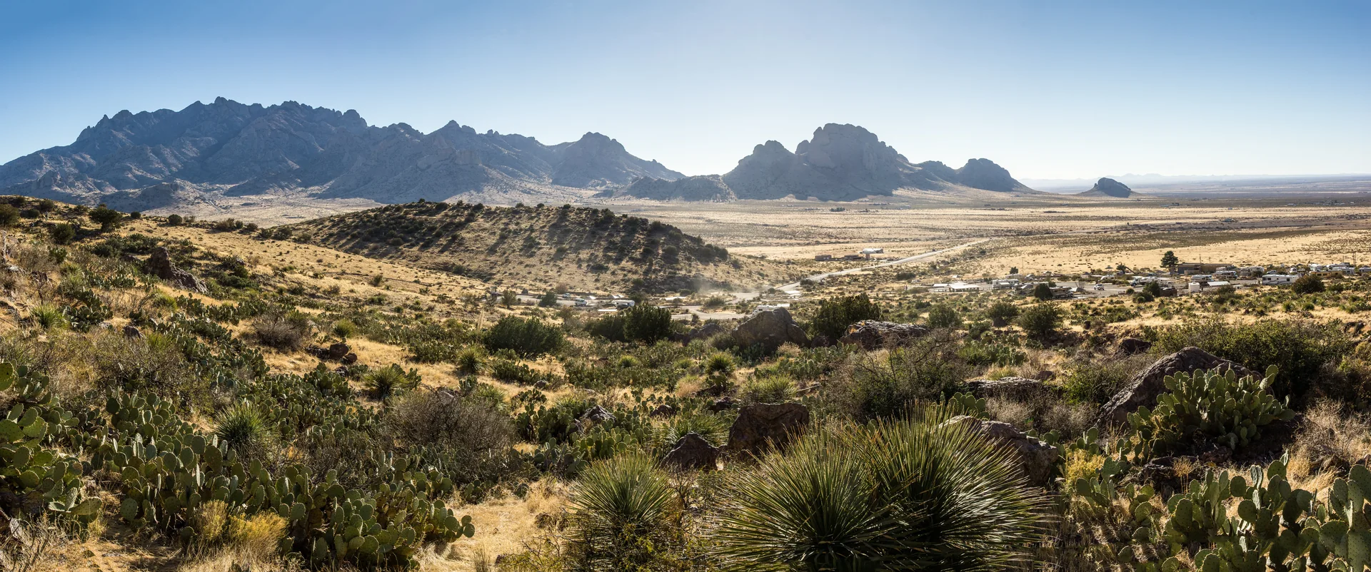Desert foothills and mountain views from Rockhound State Park near Deming